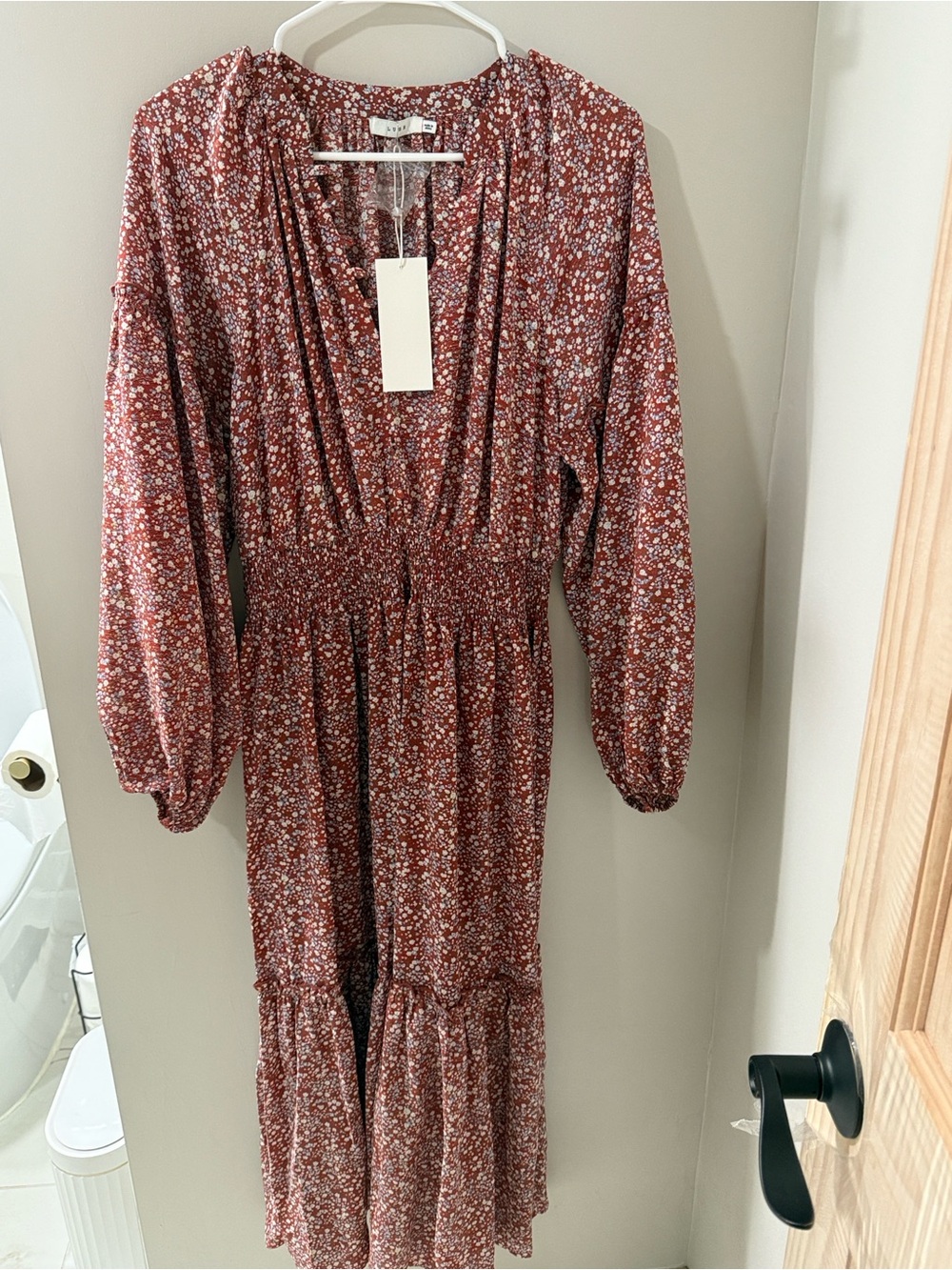 Lush Rust Floral Maxi Dress with Smocked Waist